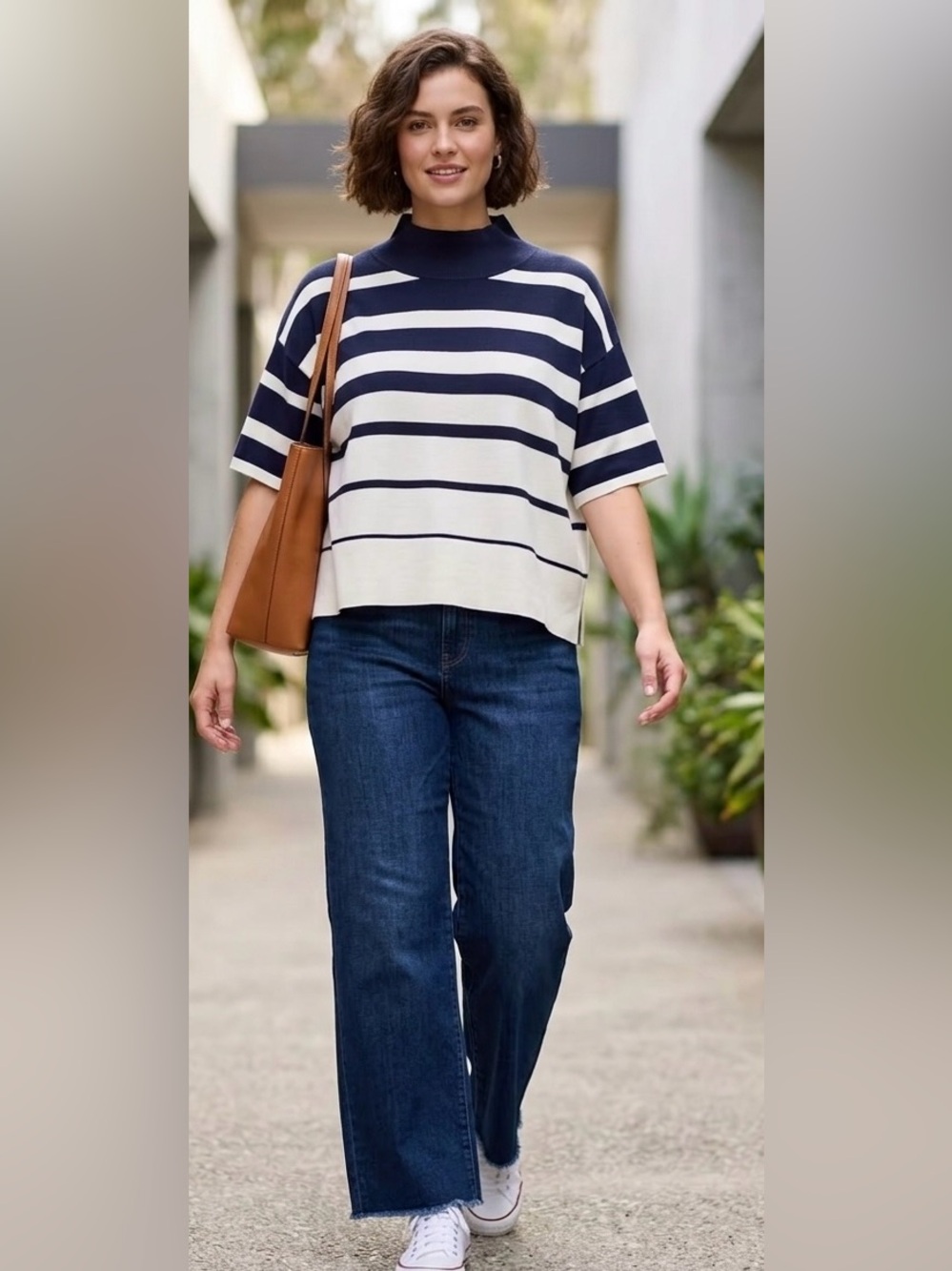 Maeve Anthropologie L Navy Striped Mock-Neck Short-Sleeve Knit Sweater NWOT